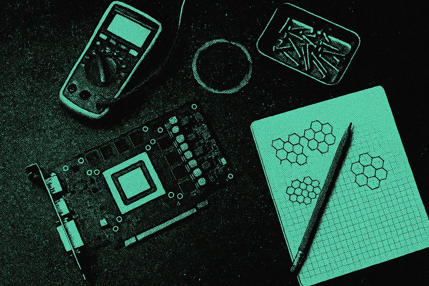 A workbench seen from above: a bare GPU board, a multimeter, a tray of screws and a notebook with hexagon sketches.