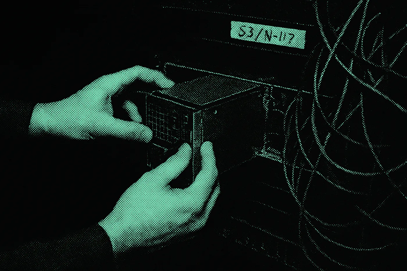 Hands sliding a server blade into a rack labelled S3 / N-117 in marker on masking tape.